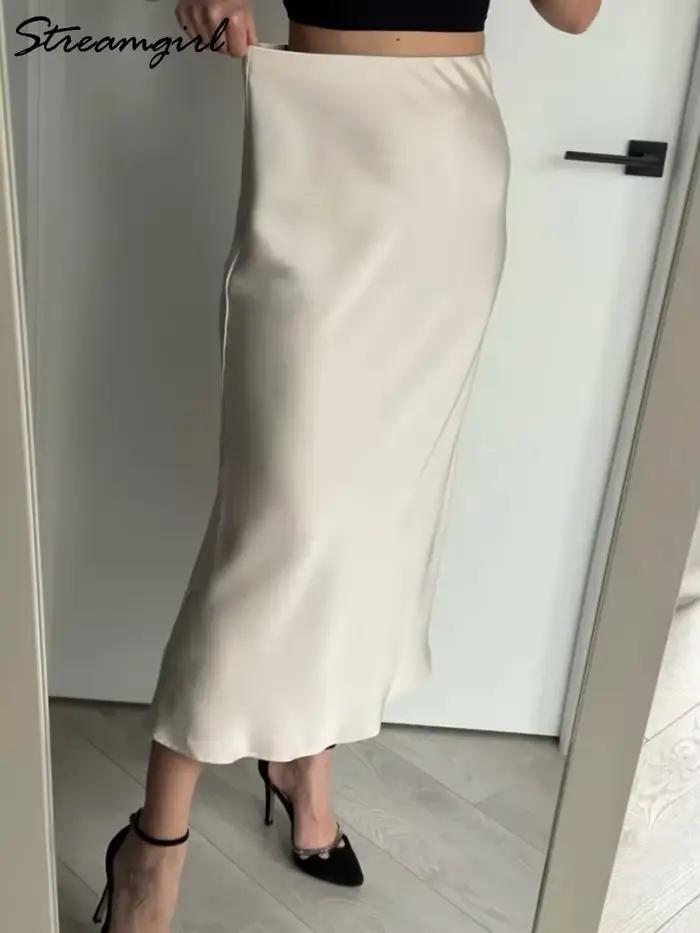 Femmes été Beige jupes longues tendances 2025 taille haute Maxi jupe d'été rayonne soie crayon côté fente Satin