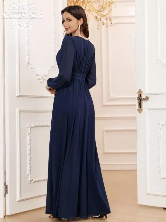 Robe longue en mousseline bleu marine à col rond, avec plis sur le devant, manches lanternes, taille haute et design fluide, idéale pour les femmes musulmanes, les célébrations de l'Aïd, les invitées 
