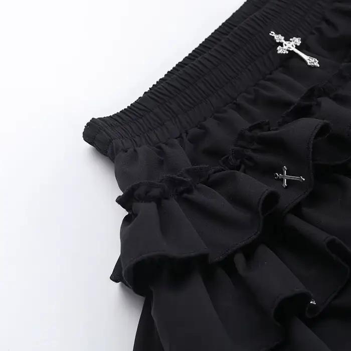Jupes pour femmes, jupe courte à volants superposés avec breloques croisées, short intégré, jupe-short kawaii, style gothique punk coquette Y2K E-girl