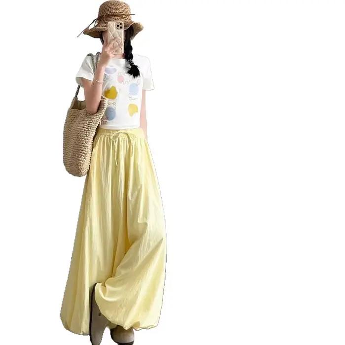 Pantalon Jupe Plissé Jaune Femme Nouvelle Collection Été Taille Haute Ample Amincissant Fluide Décontracté Jambe Large