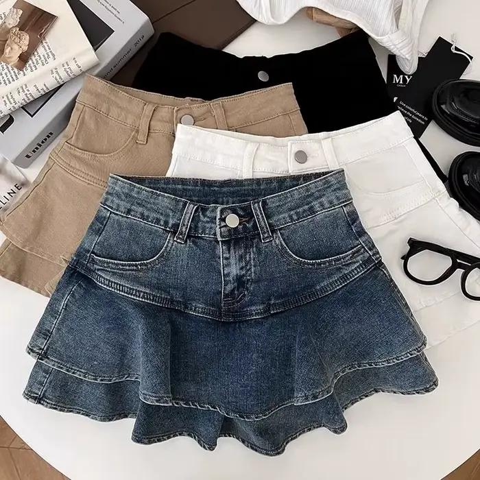 Jupe courte en jean plissée Double couche