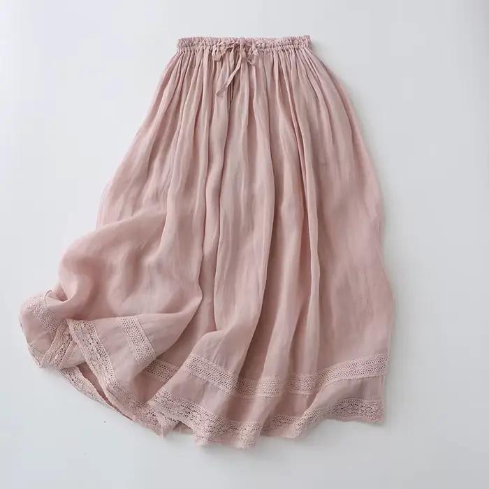 Printemps été Mori fille couleur unie dentelle Patchwork coton lin jupes femmes taille élastique décontracté ample