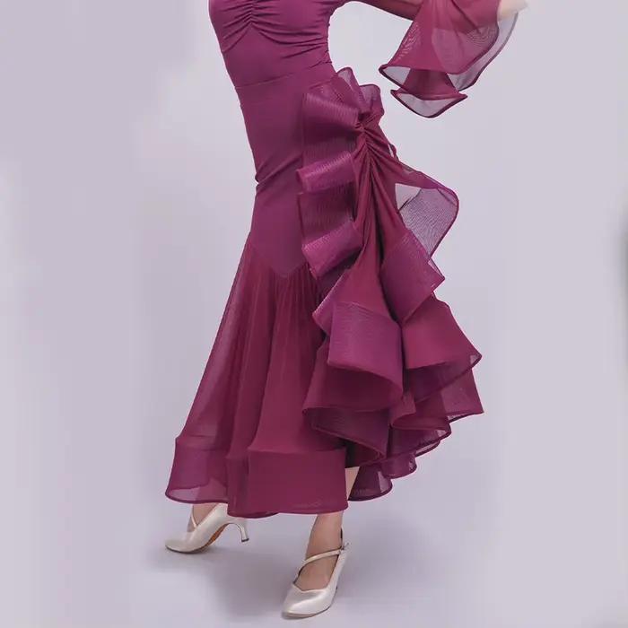 Jupe de Valse de Compétition Standard Midi de Haute Qualité pour la Danse de Salon, Modèle Roland Purple Fishbone Glaze Blue, pour la Pratique, Noire
