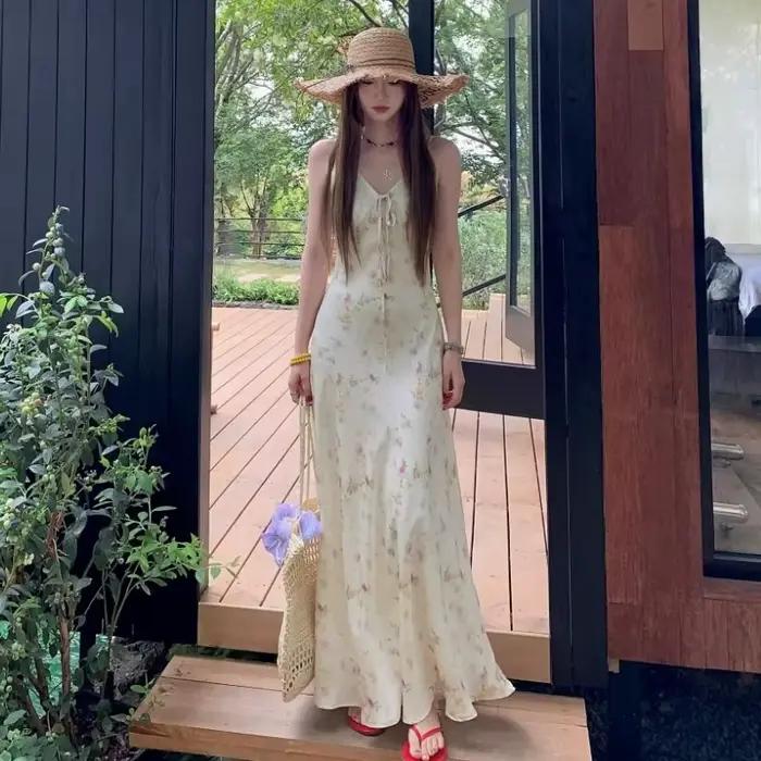 Robe longue d'été pour femme, col en V, nœud, imprimé floral, style coréen, robe élégante et douce