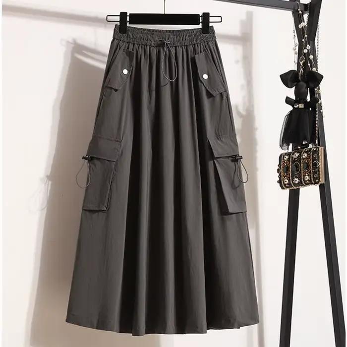 # Jupes cargo d'été 1708 pour femmes, jupes trapèze à poches latérales, jupes midi amples style streetwear, taille élastique, style français