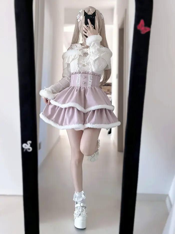 Ensemble jupe courte et haut tricoté Lolita en dentelle perlée avec nœud papillon en peluche pour filles - Collection Automne Hiver