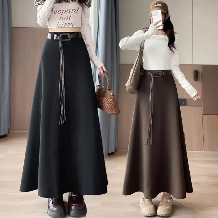 Jupe longue pour femme, taille haute avec ceinture, coupe évasée en A