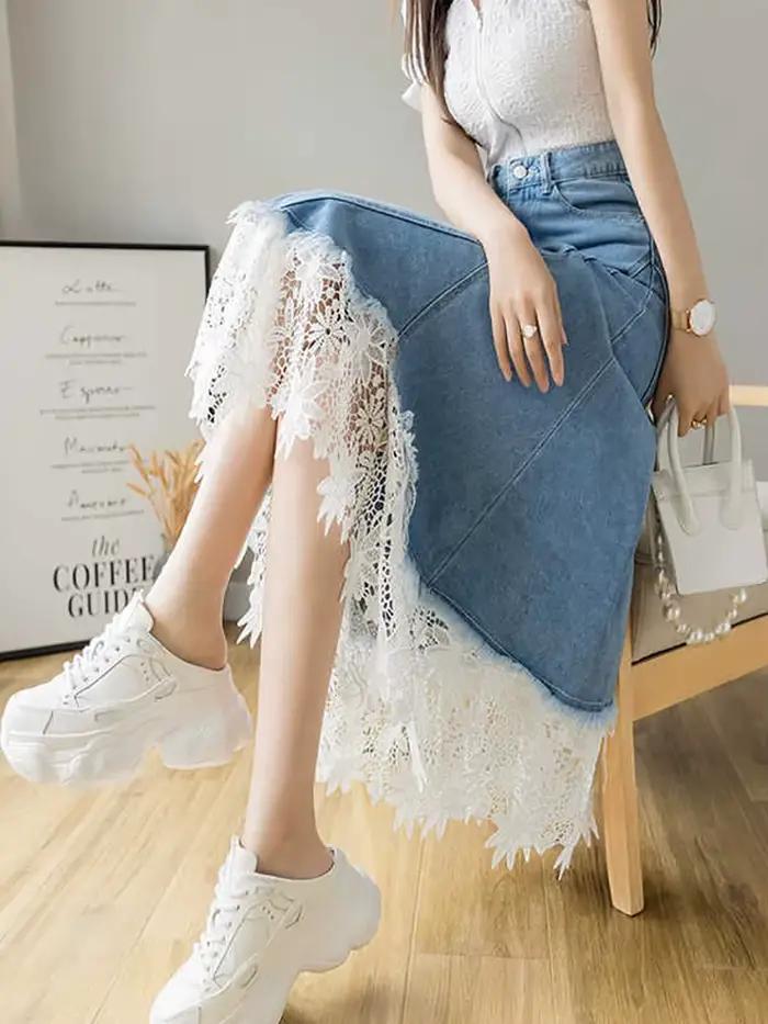 Jupe en jean Patchwork en dentelle pour femmes, nouvelle collection d'été rétro, taille haute, amincissante, mi-longue, jupe parapluie trapèze irrégulière