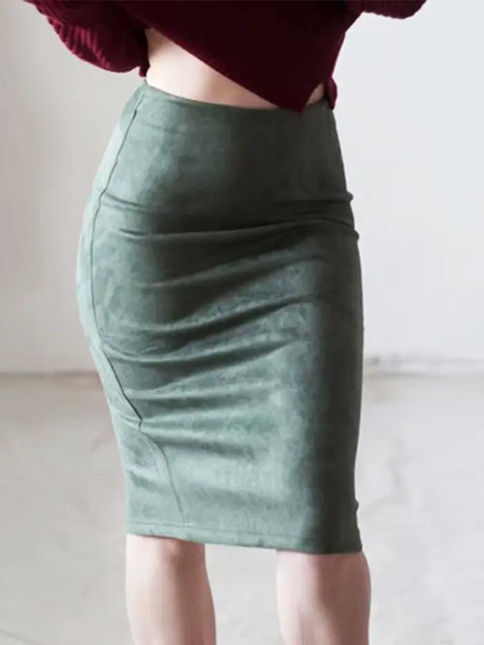 Femmes jupes daim couleur unie jupe crayon femme automne hiver taille haute moulante Vintage