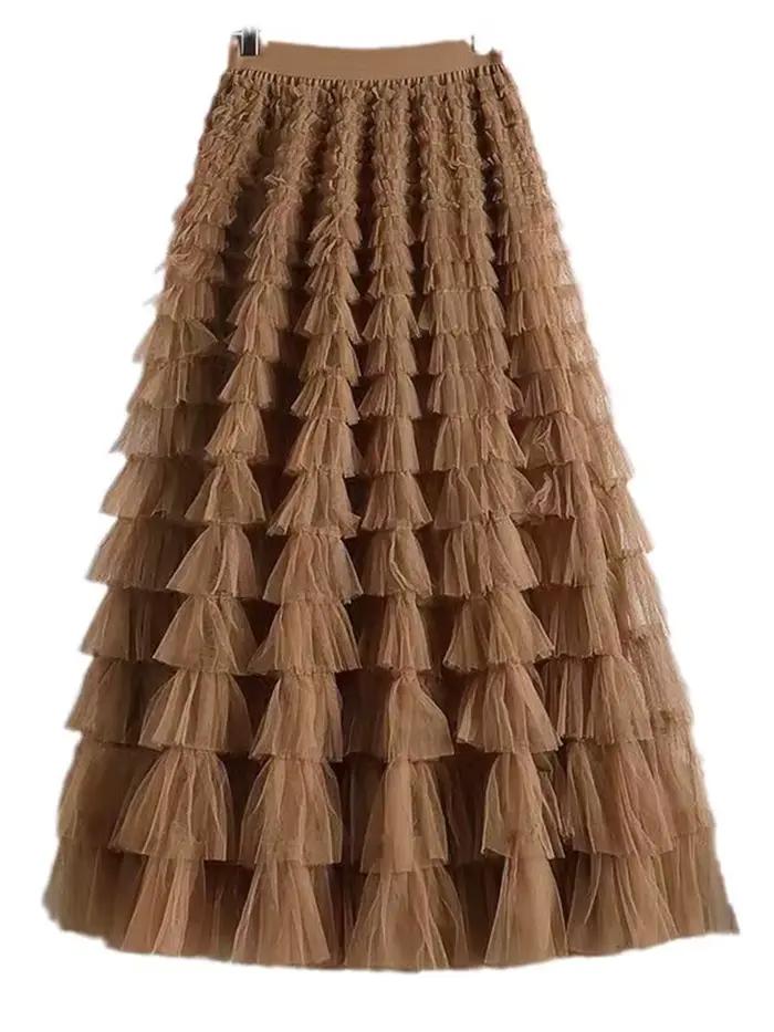 LANMREM mode maille jupe femmes taille haute a-ligne gaze épissé couleur unie jupes amples polyvalent 2025 printemps nouveau 2AA4000