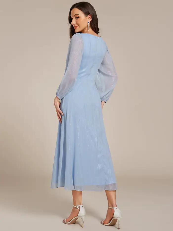 Robes de soirée élégantes, col en V profond, manches longues, longueur genou, Ever Pretty, en mousseline de soie brillante, bleu ciel, robes pour invitées de mariage