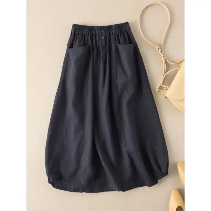 Jupe vintage en lin pour femmes grandes tailles, mi-longue, taille haute, coupe trapèze, amincissante, artistique, élégante, été 2024