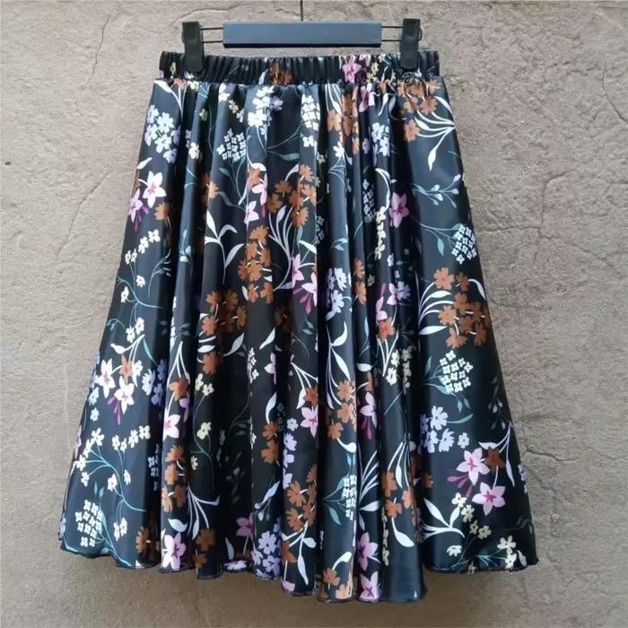 Jupe fine en satin sexy pour femme, imprimé floral, taille haute, coupe ample, longueur 60 cm, collection été-printemps