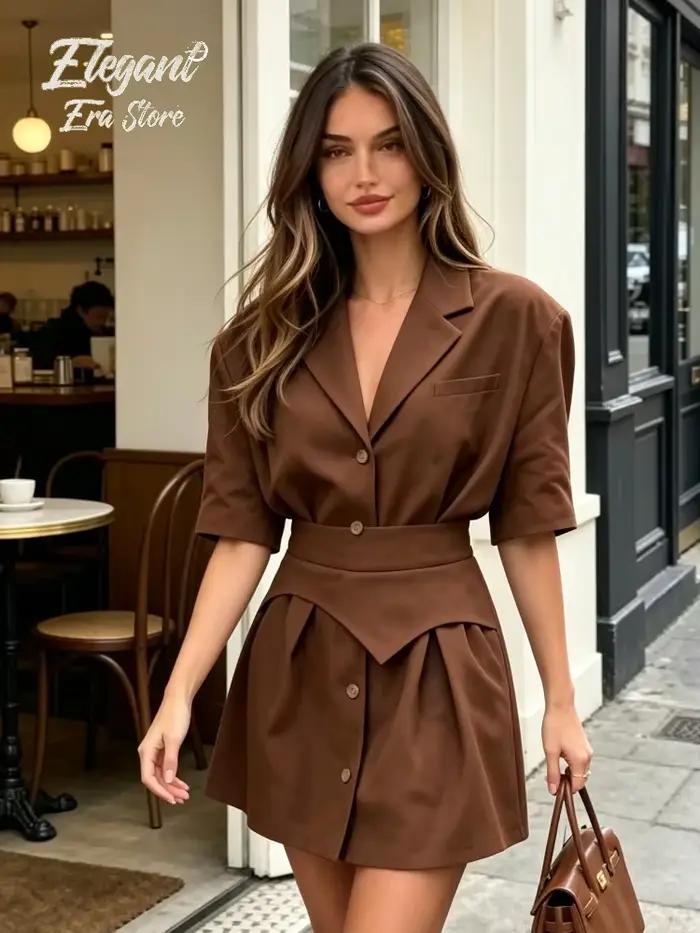 Nouvelle Robe en Lin Marron à Manches Courtes pour Femme, Col Revers Uni, Boutonnage Simple, Plissée, Taille Cintrée, Élégante, Style Urbain