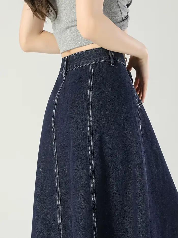 GUUZYUVIZ bleu profond taille haute Vintage a-ligne Denim Midi jupes femmes mode coréenne décontracté épissure lavage jean jupe femme