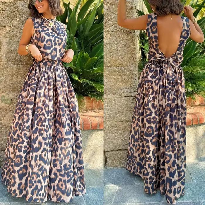 Tendance imprimé léopard jupe deux pièces ensemble femmes sans manches dos nu léopard haut court taille haute a-ligne jupes 2 pièces ensembles nouveau