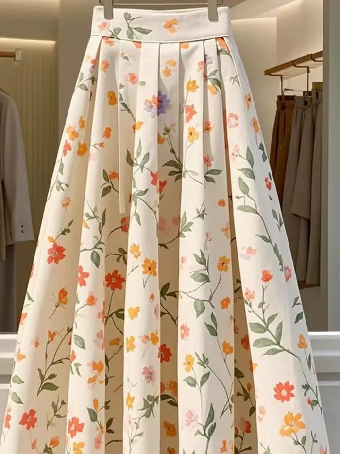 Jupe longue florale élégante pour femme, taille haute, décontractée, style coréen, printemps-été, polyvalente