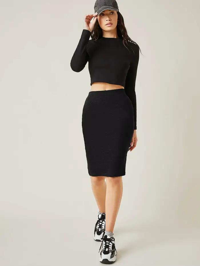 Jupe crayon mi-longue noire taille haute extensible pour femme
