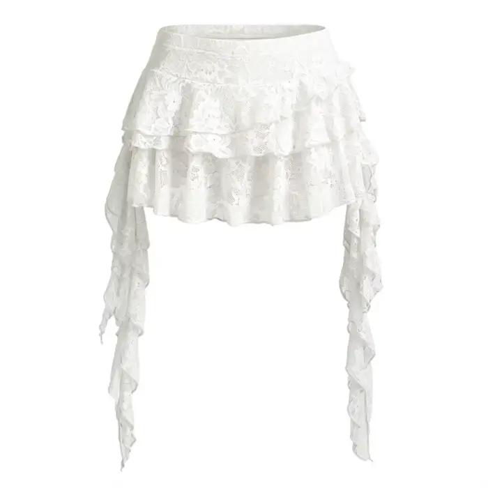 Mini-jupe femme en dentelle à ourlet irrégulier et franges