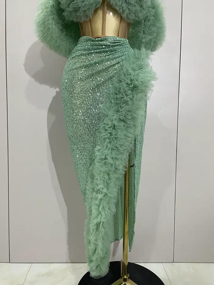 Paillettes brillantes haut jupe courte deux pièces ensemble 2025 femmes Sexy célébrer soirée bal fête d'anniversaire robe discothèque scène tenue