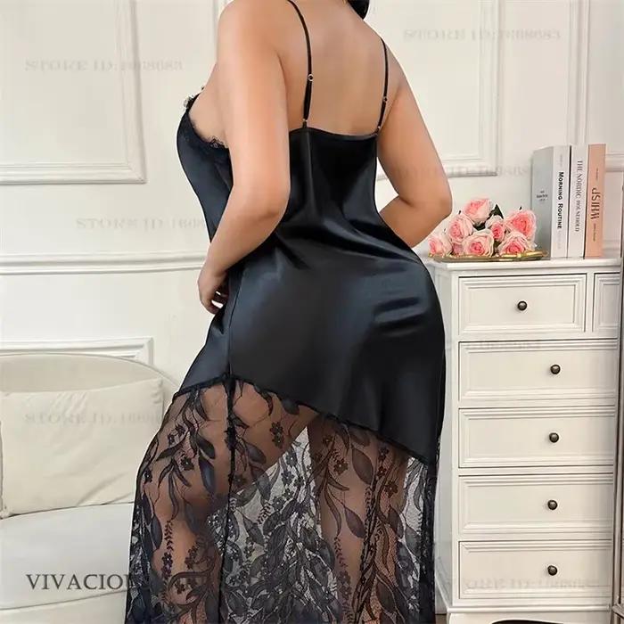 Grande Taille 3XL-5XL Robe de Nuit Longue d'Été pour Femme, Vêtement de Nuit, Robe d'Intérieur Sexy en Dentelle Patchwork, Chemise de Nuit en Rayonne, Tenue de Détente