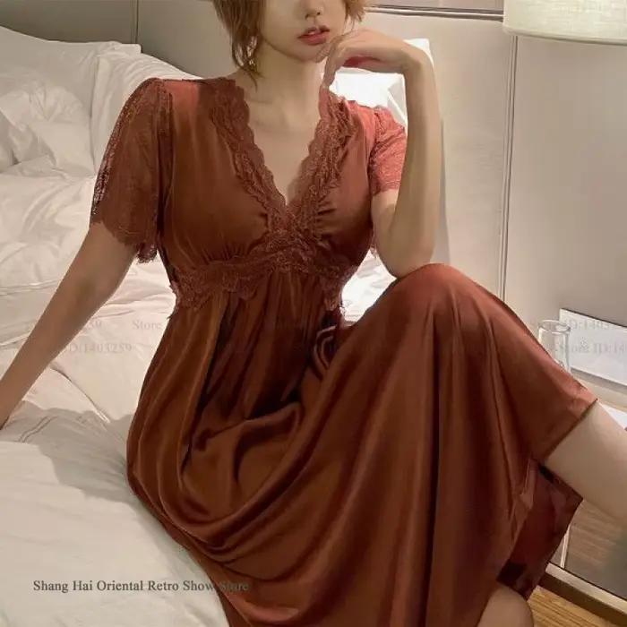 Chemise de nuit en satin à manches courtes pour femmes, vêtements de nuit élégants, robe de maison, style palais, princesse, longue, été
