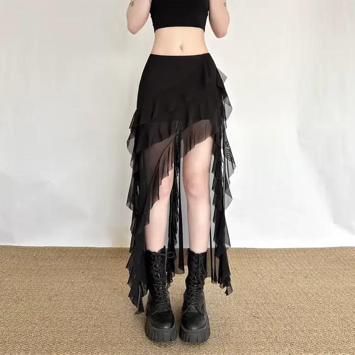 Jupe mi-longue décontractée style urbain cool avec franges taille basse pour femme