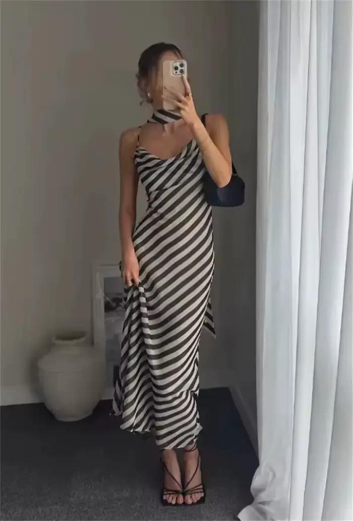 Robe longue d'été pour femme, nouvelle collection, imprimé rayé, col foulard chic, bretelles spaghetti, robe de soirée
