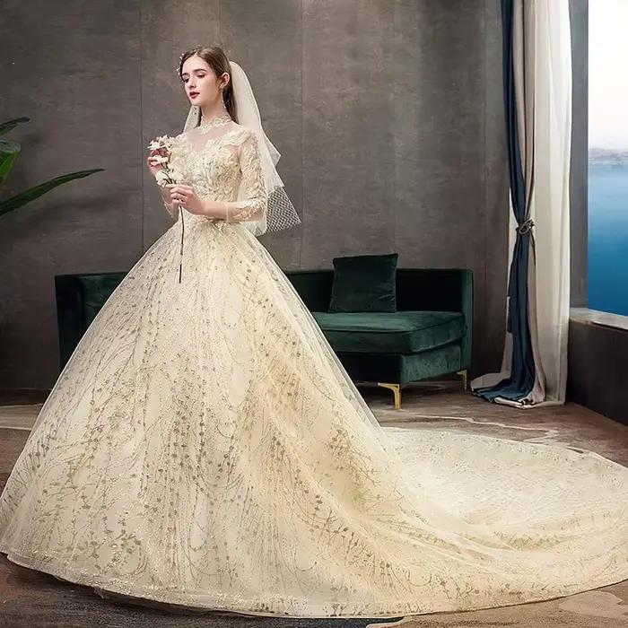Robe De mariée Champagne avec traîne longue personnalisée, manches longues, nouvelle mode vintage, col haut, robe De bal, grande taille