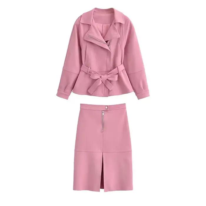 YENKYE Jupe midi rose en faux daim pour femme, avec fente avant et fermeture éclair, élégante, pour le bureau et le travail