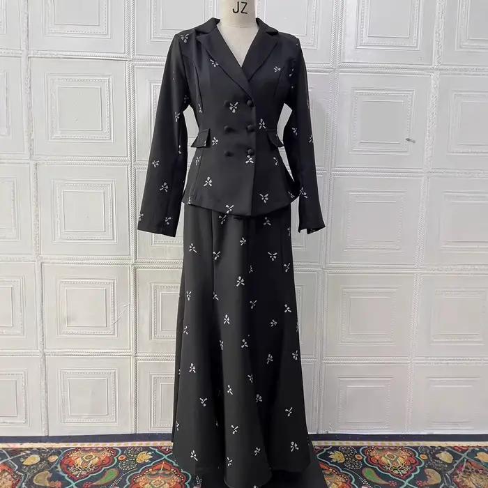 Femmes jupe longue costume veste 2 pièces Ensemble imprimé tenues haut jupes Blazer manteau musulman Double boutonnage à lacets Eid Ensemble modeste