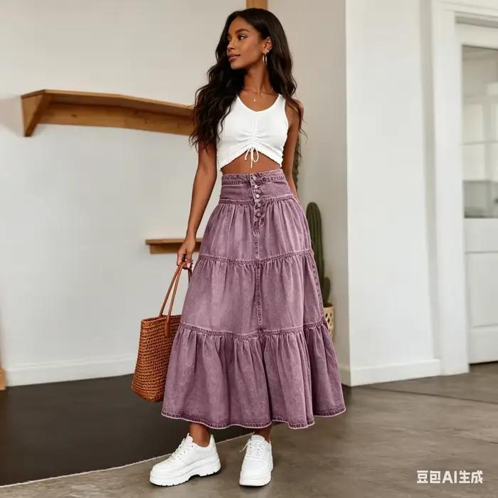 Jupe longue femme vintage en jean superposée style gâteau