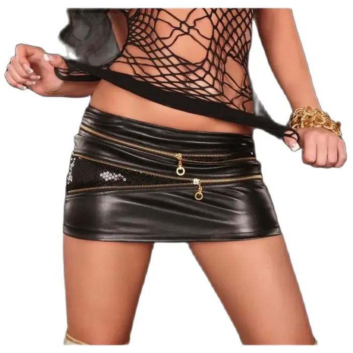Micro mini jupe en cuir noir pour femme avec fermetures éclair