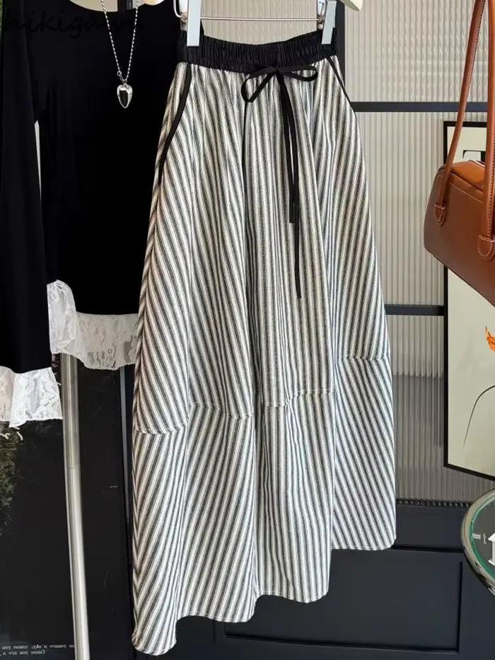 Vintage rayé jupes pour femmes élastique taille haute coupe ajustée Jupe 2025 Faldas Mujer De Moda ample été Saia
