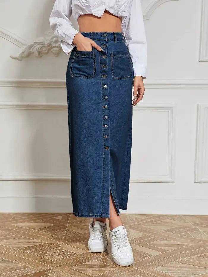 Jupe longue en jean extensible bleu pour femmes avec détails multi-breasted Style mince et Sexy