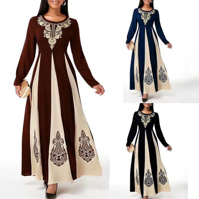 Robe musulmane élégante pour femme, col rond, manches longues, islamique, arabe, Abaya, patchwork, imprimé, Turquie, Eid Mubarak, automne, 2021