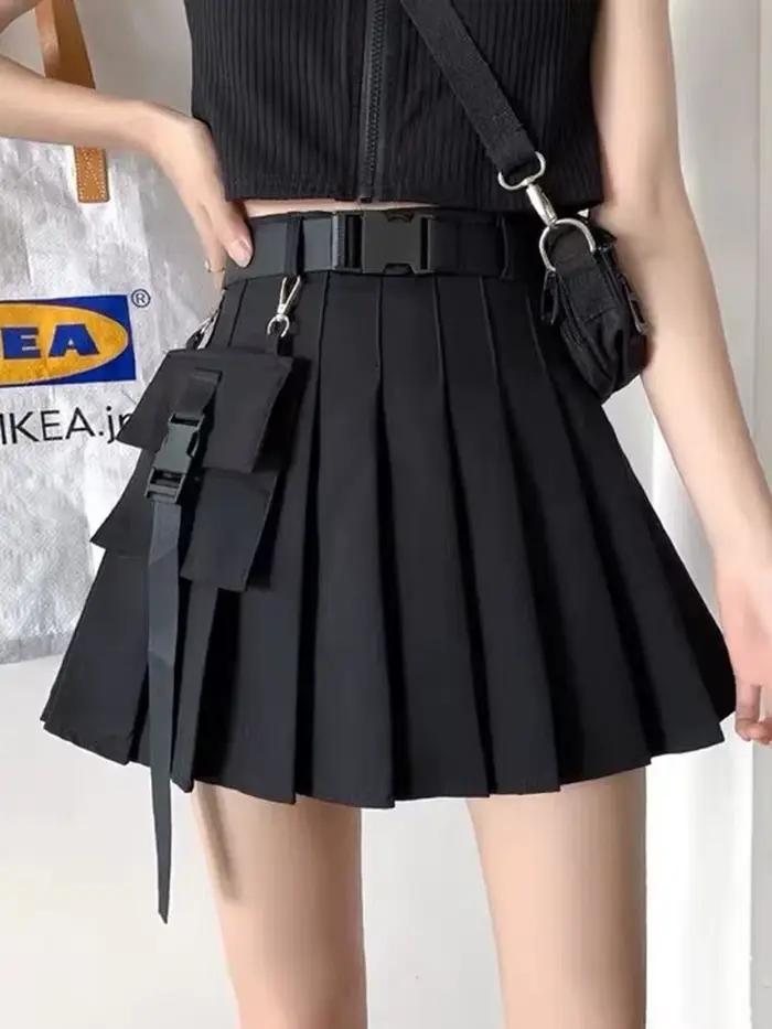 Zoki Harajuku ceinture plissée Cargo jupe femmes mode gothique taille haute poche Mini jupes