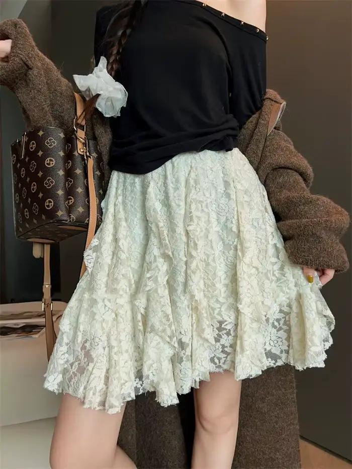 Jupe courte taille haute rétro en dentelle pour femmes