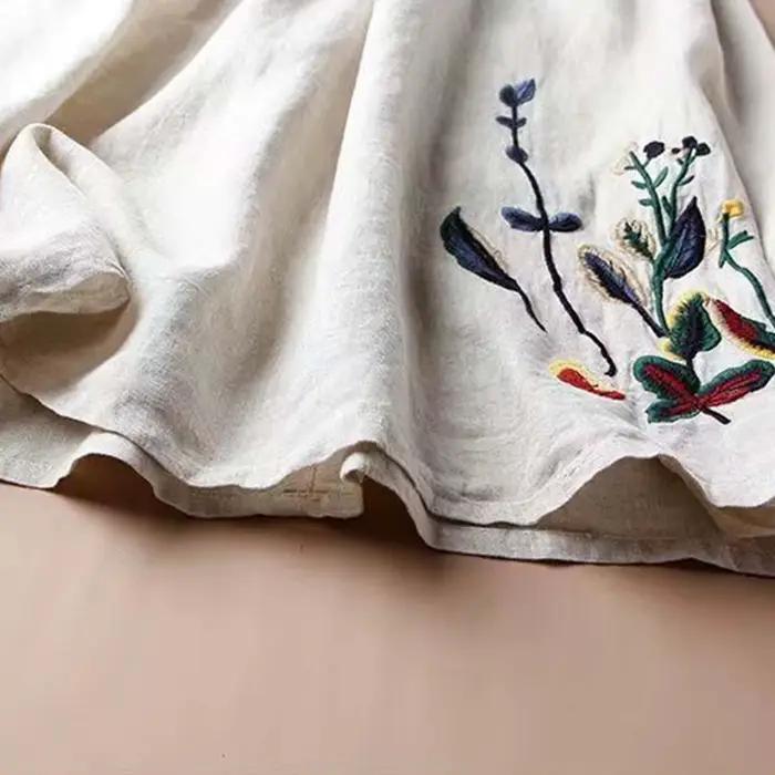 Jupe mi-longue évasée vintage en coton et lin brodée de fleurs pour femme