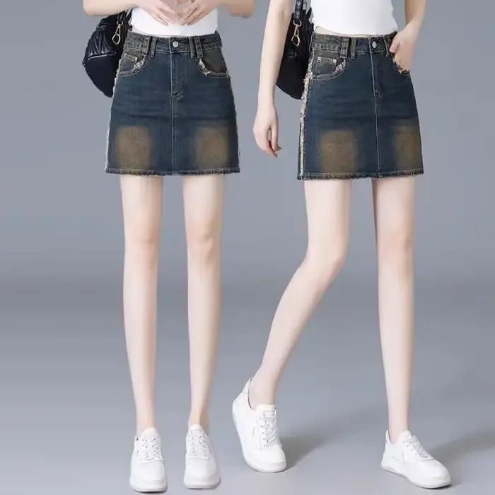 Jupe en jean femme rétro taille haute frange