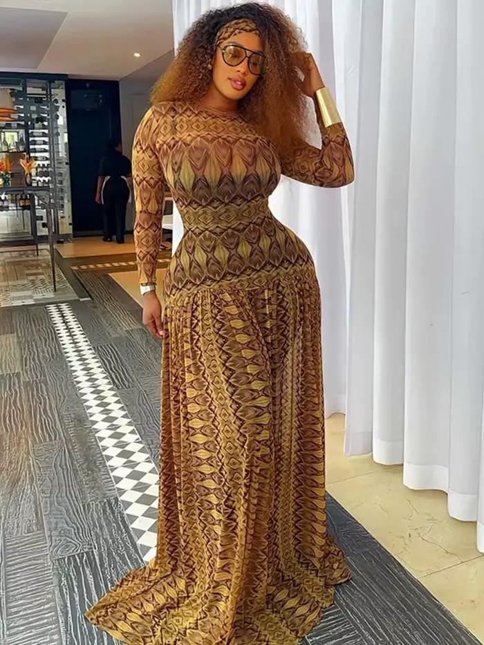 Femme automne vêtements robe à manches longues Chic élégant robes de soirée taille minceur a-ligne imprimé moulante robe élastique Sexy
