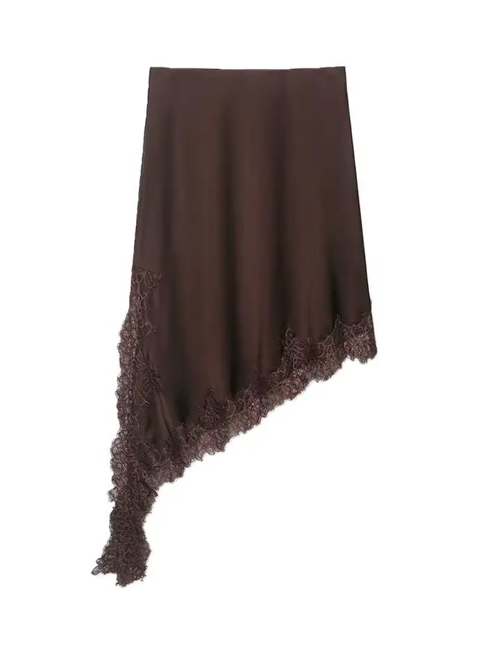Jupe asymétrique taille haute en dentelle pour femme avec fermeture éclair latérale