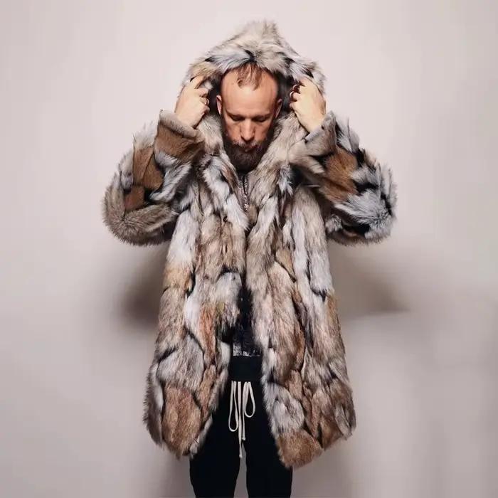 Hommes fausse fourrure veste manteau à capuche mi-longue pardessus hiver chaud épais moelleux Shaggy Vintage affaires décontracté 2025 vêtements d'extérieur