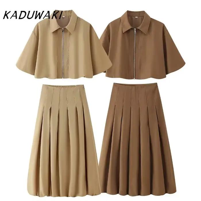 KADUWAKI automne femmes jupe ensemble fermeture éclair manches courtes veste taille haute plissée lanterne Pod demi fleur bourgeon décontracté jupe longue