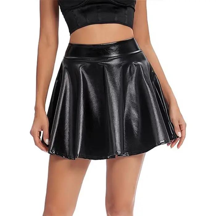 Mini jupe plissée taille haute en similicuir PU pour femmes, jupe slim sexy, jupes de fête