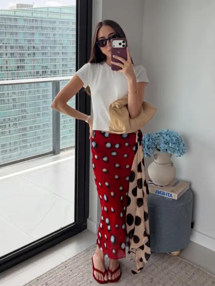 Jupe portefeuille chic rétro à pois bicolore pour femme, taille haute en mousseline, élégante jupe midi décontractée pour l'été et le streetwear