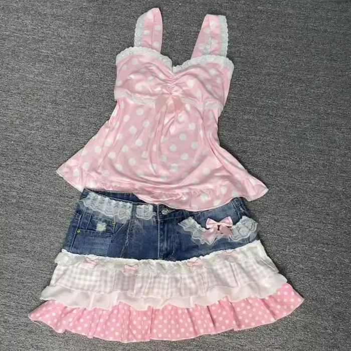 Jupe courte Y2K vintage rose patchwork en jean douce pour jeunes filles mode créateur effets gâteau dentelle pois mini au-dessus du genou occassions spéciales printemps été