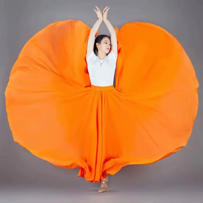 Jupe de danse plissée à 720 degrés pour femmes, couleur unie, taille haute, en mousseline de soie, grande balançoire, longue jupe pour spectacle sur scène