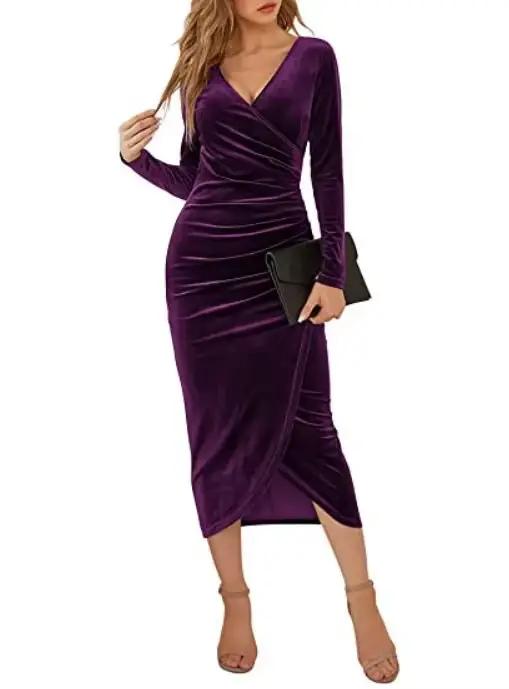 Robes de bal à manches longues, sirène élégante, froncée, velours, pour invités de mariage, Cocktail, soirée, Maxi