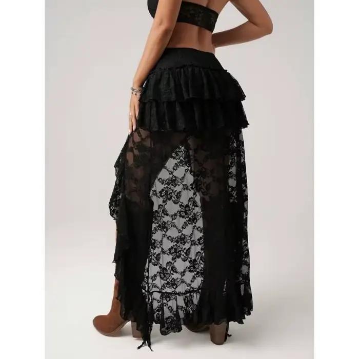 Deeptown Y2k jupe asymétrique femmes Boho dentelle Tulle Vintage jupe noire Style coréen voir à travers jupes superposées Streetwear